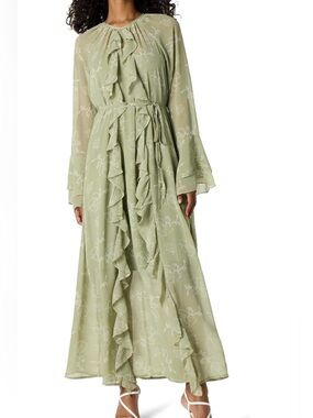 The Drop Women's Romantic Ruffle Sage Green Tea Print Maxi Dress size Small